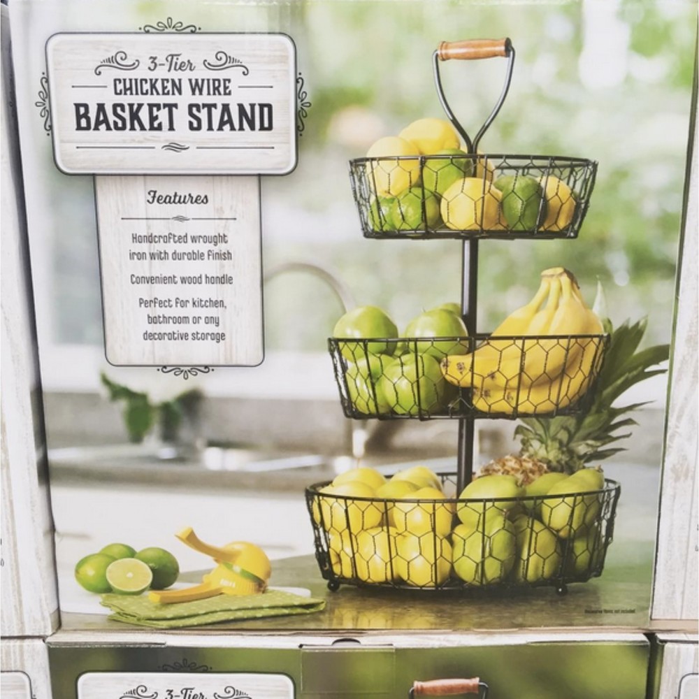 3-Tier Black Chicken Wire Basket Stand with Wood Handle